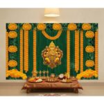 Ganesha marigold backdrop 8x5 ft with Lord Ganesha, orange marigold garlands and sunflowers for Ganesh Chaturthi pooja