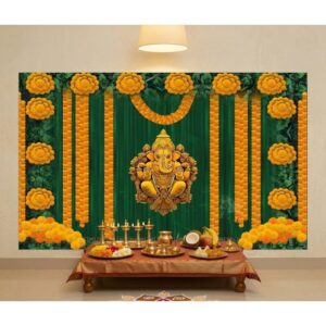 Ganesha marigold backdrop 8x5 ft with Lord Ganesha, orange marigold garlands and sunflowers for Ganesh Chaturthi pooja