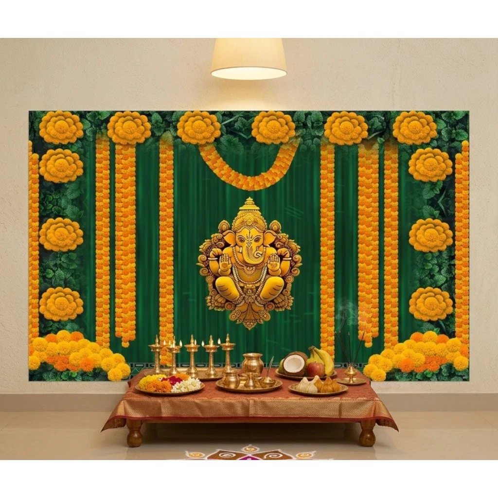 Large Printed curtain Ganesha marigold backdrop 8x5 ft with Lord Ganesha, orange marigold garlands and sunflowers for Ganesh Chaturthi pooja