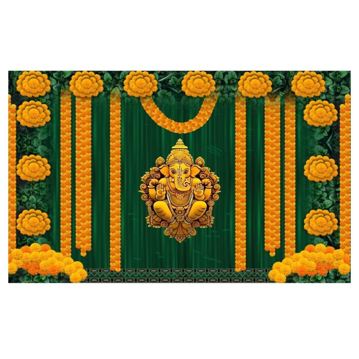 Close-up of Ganesha marigold backdrop design with orange yellow marigold garlands, sunflowers and green leaves print