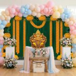 Ganesha orange marigold backdrop hung 8 ft wide for wedding mandap and baby shower decoration in Canada