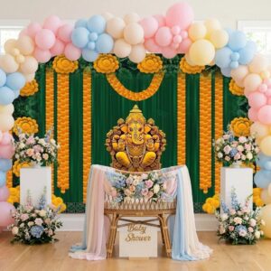 Ganesha orange marigold backdrop hung 8 ft wide for wedding mandap and baby shower decoration in Canada