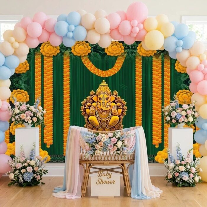 Ganesha orange marigold backdrop hung 8 ft wide for wedding mandap and baby shower decoration in Canada