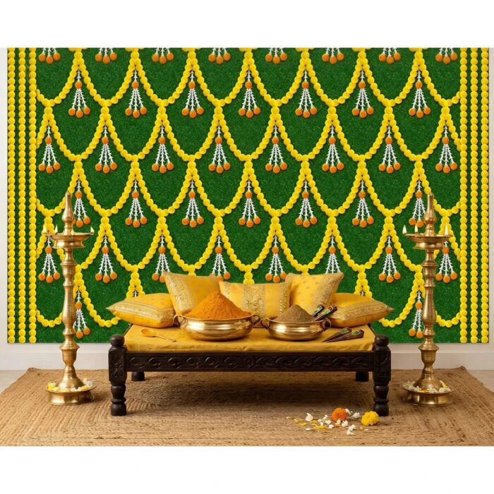 Marigold grass backdrop set up on haldi ceremony stage 8x5 ft — yellow marigold decoration ideas Canada
