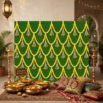 Marigold floral backdrop at wedding photobooth 8x5 ft — printed curtain for reception stage and mehendi