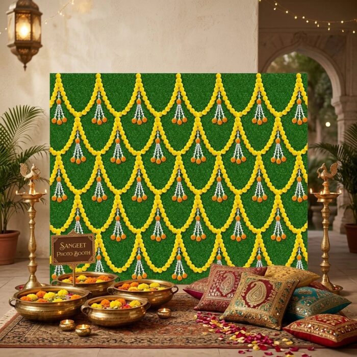 Marigold floral backdrop at wedding photobooth 8x5 ft — printed curtain for reception stage and mehendi