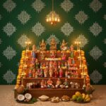 Green Kolam backdrop hung 8 ft wide for Mehendi and housewarming decoration — deep green with white Kolam pattern