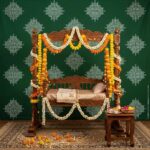 Green Kolam backdrop displayed for Pongal and baby shower celebration in Canada — ships from Halifax, 8x5 ft
