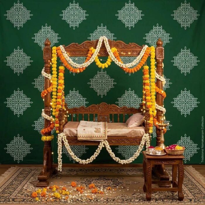 Green Kolam backdrop displayed for Pongal and baby shower celebration in Canada — ships from Halifax, 8x5 ft