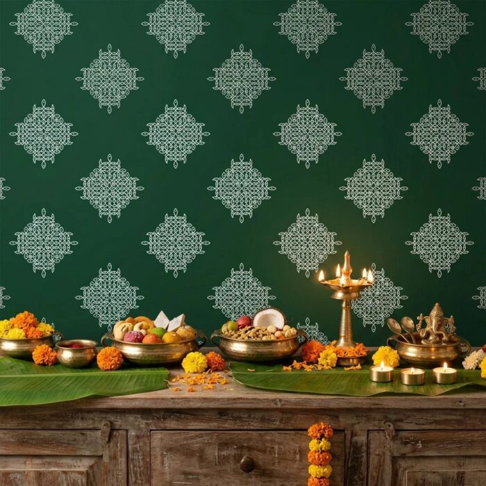 Close-up of green Kolam (Kollam) rangoli design with white Muggu pattern on green background for Pooja