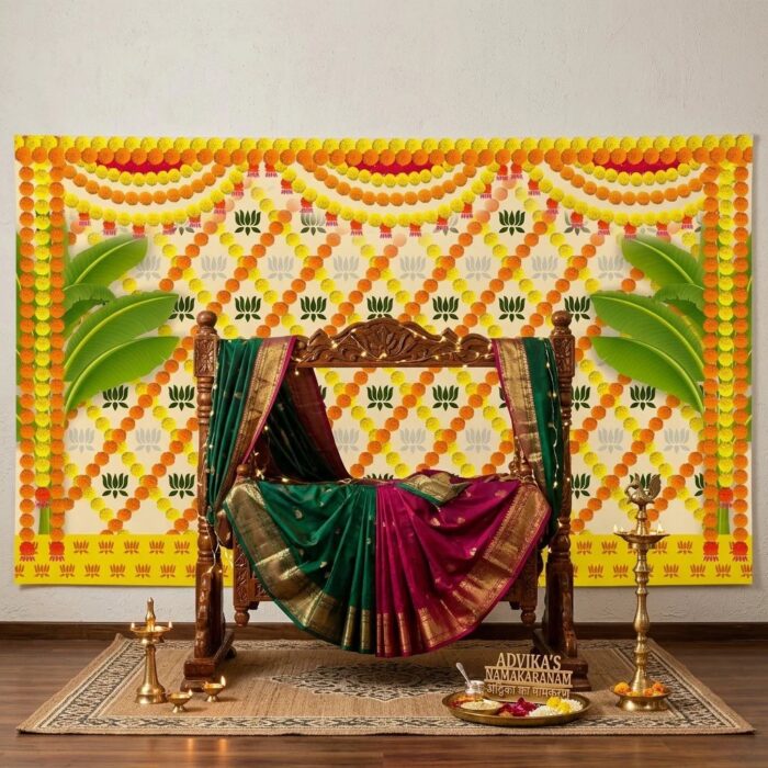 Yellow marigold lotus backdrop for cradle ceremony decoration