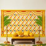 Yellow marigold lotus backdrop hung for Haldi stage decoration 8 ft wide — turmeric-yellow with marigold and lotus for Haldi
