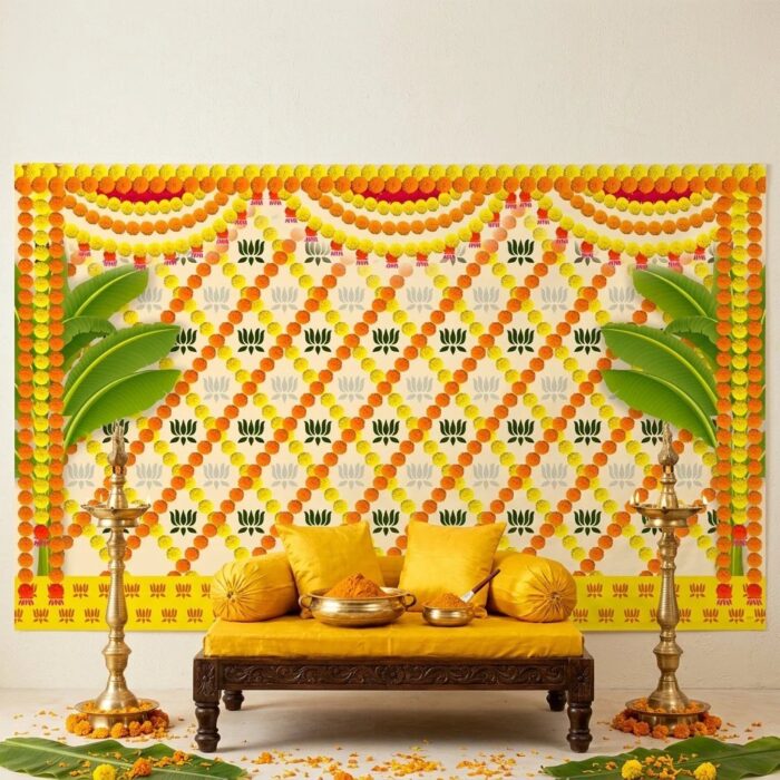 Yellow marigold lotus backdrop hung for Haldi stage decoration 8 ft wide — turmeric-yellow with marigold and lotus for Haldi