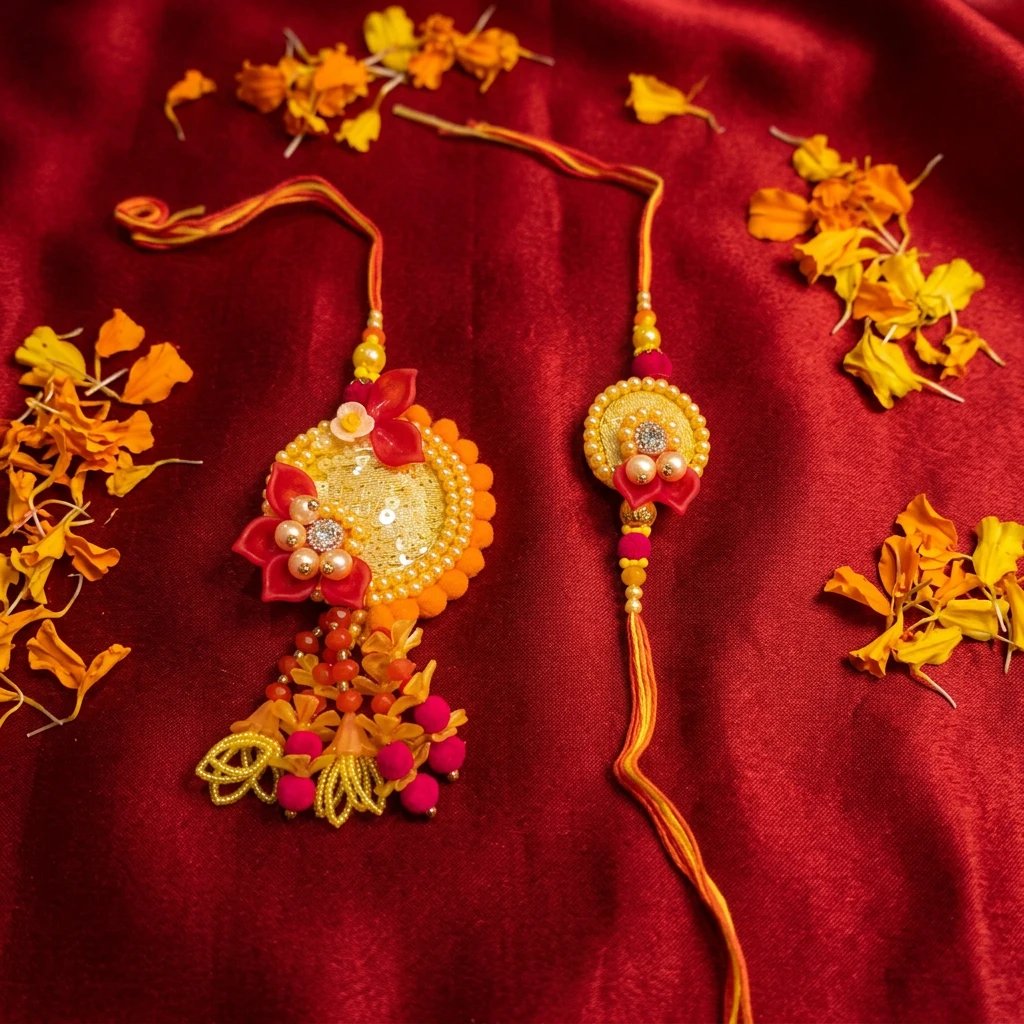 2026/08/202295.jpg Bhai Bhabhi Rakhi combo | Bhai Rakhi and Bhabhi Lumba Rakhi set - Image 1