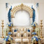 Peacock backdrop hung on stand at baby shower and wedding stage — ships from Halifax, Canada