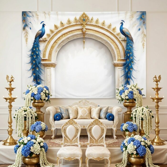 Peacock backdrop hung on stand at baby shower and wedding stage — ships from Halifax, Canada