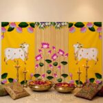 Yellow Pichwai Cow mandap for Janmashtami Pooja decoration - sacred Kamdhenu cows