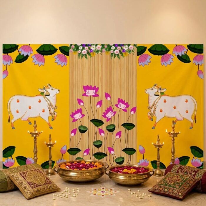 Yellow Pichwai Cow mandap for Janmashtami Pooja decoration - sacred Kamdhenu cows