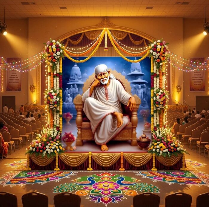 Sai Baba Satsang setup with Printed Backdrop curtain