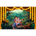 Close-up of Baby Krishna and Yashoda maa print on Krishna backdrop curtain