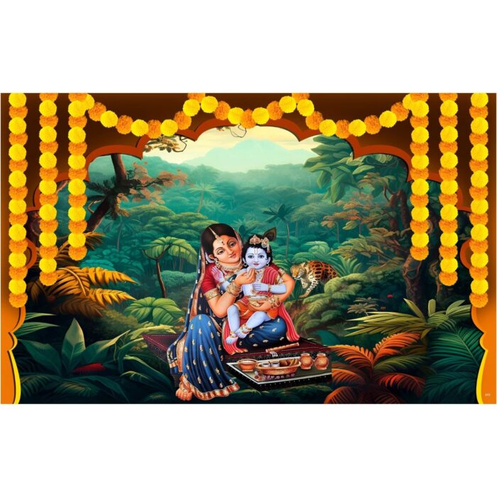 Close-up of Baby Krishna and Yashoda maa print on Krishna backdrop curtain