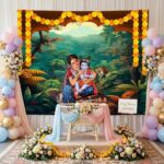 Baby Krishna backdrop hung on wall showing full 8 feet width for Birthday decoration / Baby Shower decoration
