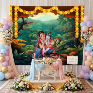 Baby Krishna backdrop hung on wall showing full 8 feet width for Birthday decoration / Baby Shower decoration
