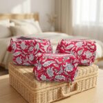 3 Pc Red Block Print Travel Pouch Set