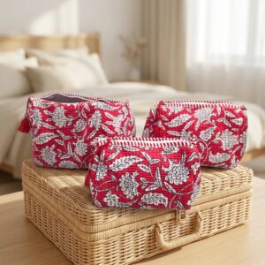 3 Pc Red Block Print Travel Pouch Set