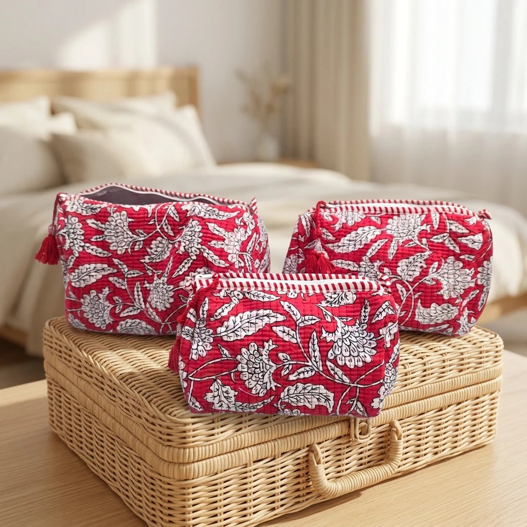 Red hand-block-printed quilted cotton 3-piece travel pouch set 3 Pc Red Block Print Travel Pouch Set