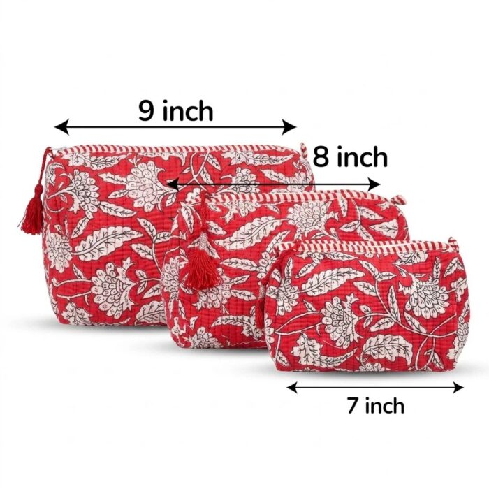 Dimensions : large 9×7, medium 8×6, small 7×5 inch red cotton travel pouches