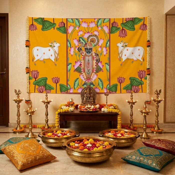 Shrinath Ji backdrop hung 8 ft wide for Govardhan Puja mandap and Annakut Chhappan Bhog decoration in Canada