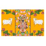 Shrinath Ji backdrop 8x5 ft with Lord Shrinathji (Nathdwara) in Pichwai art with cows and lotus for Annakut