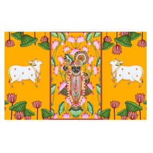 Shrinath Ji backdrop 8x5 ft with Lord Shrinathji (Nathdwara) in Pichwai art with cows and lotus for Annakut