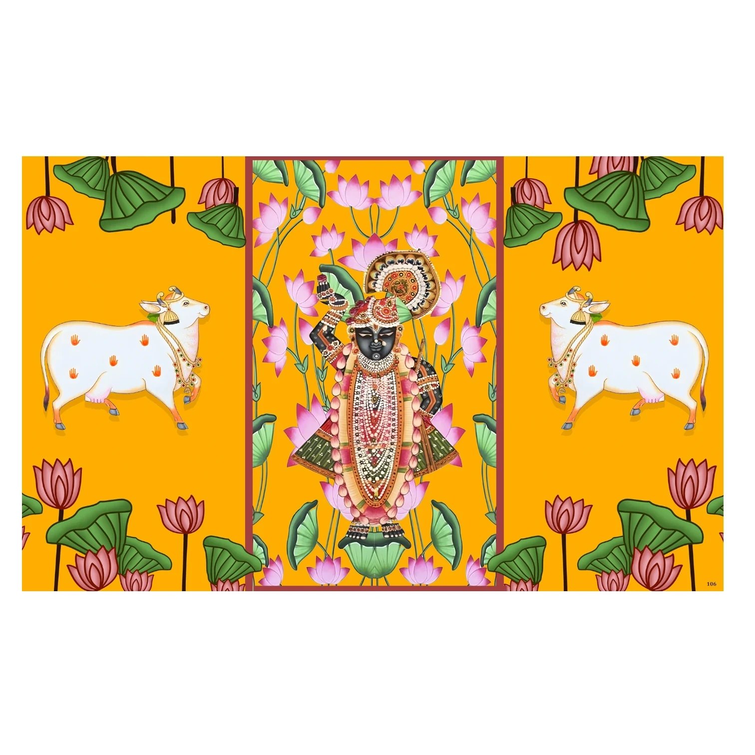 Pichwai art Shrinath ji Backdrop Curtain Shrinath Ji backdrop 8x5 ft with Lord Shrinathji (Nathdwara) in Pichwai art with cows and lotus for Annakut