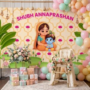Shubh Annaprashan Baby Krishna backdrop hung on wall for baby shower and cradle ceremony decoration 8 ft wide