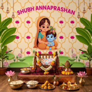 Shubh Annaprashan backdrop 8x5 ft with gold text and Baby Krishna with Yashoda Maa for first rice ceremony