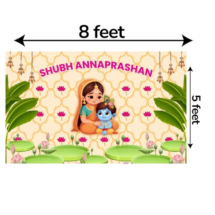 Full 8x5 ft Shubh Annaprashan backdrop curtain with cream yellow background for Annaprasana rice ceremony mandap