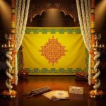 Yellow Kolam backdrop used as classical dance stage decoration for Bharatanatyam arangetram with Kolam rangoli design