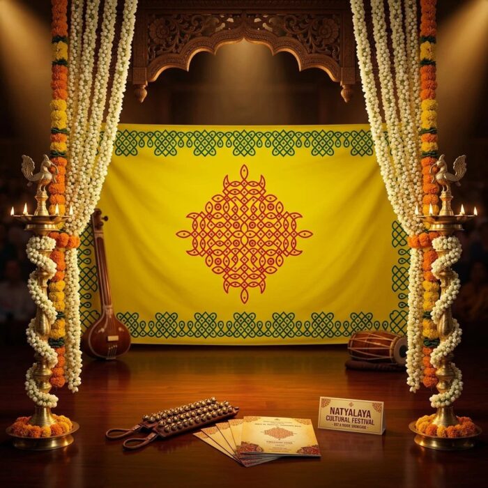 Yellow Kolam backdrop used as classical dance stage decoration for Bharatanatyam arangetram with Kolam rangoli design