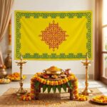 Full 8x5 ft yellow Kolam backdrop curtain with traditional white muggu rangoli for baby shower Seemantham decoration