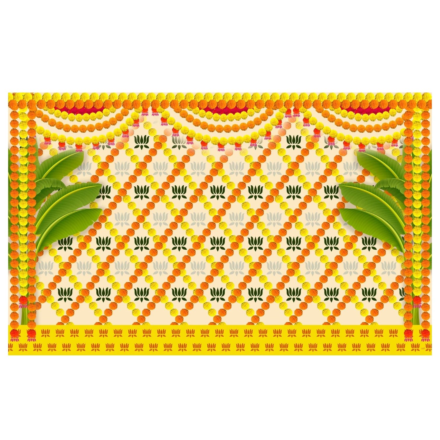 Yellow marigold lotus backdrop Yellow marigold lotus backdrop 8x5 ft with yellow marigold and pink lotus flowers on turmeric-yellow for Haldi ceremony