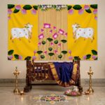 Yellow Pichwai Cow mandap for Janmashtami Pooja decoration — sacred Kamadhenu cows with Krishna's Gopastami
