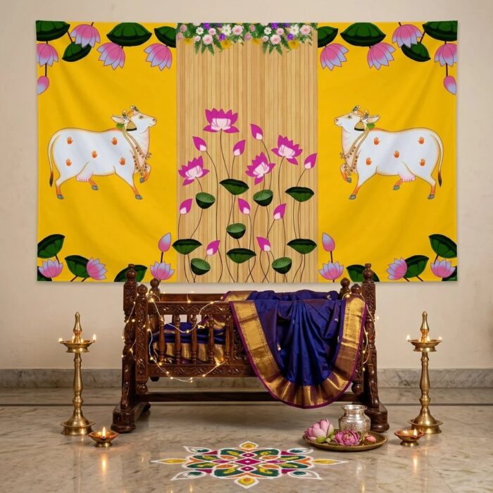 Yellow Pichwai Cow mandap for Janmashtami Pooja decoration — sacred Kamadhenu cows with Krishna's Gopastami