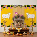 Yellow Pichwai Cow backdrop for Griha Pravesh housewarming in Canada — 8x5 ft auspicious Gomata mandap