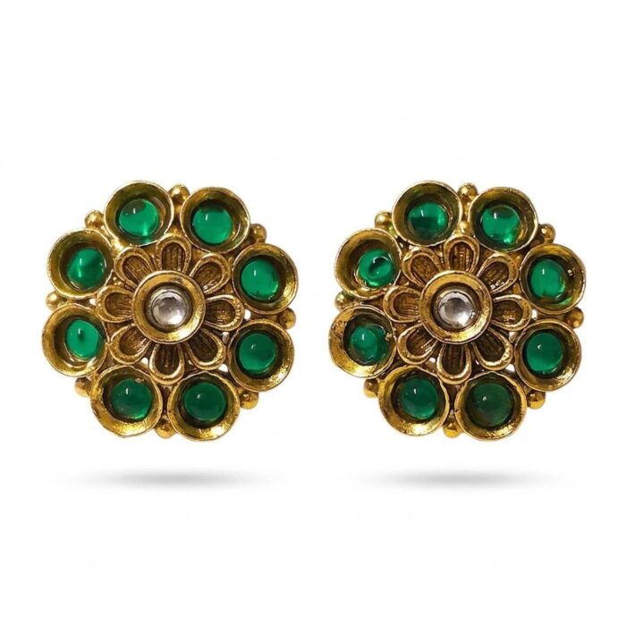 Rajkot Gold-Plated Royal Green Ear Studs - Image 8