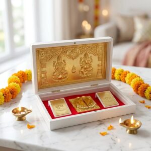 Gold Plated Lakshmi Ganesh Divinity Gift Box with Charan Paduka Front View