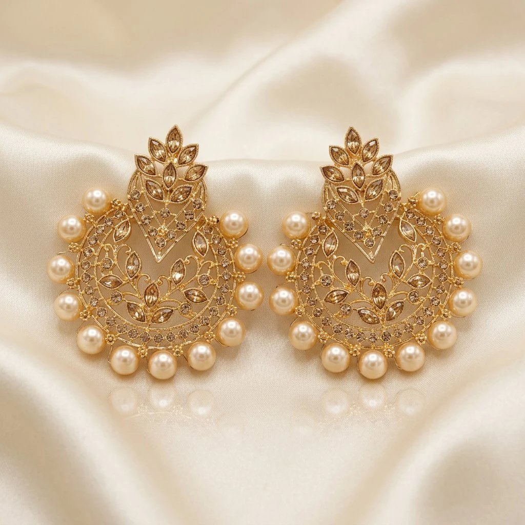Light weight Chandbali earrings Gehna gold-tone chandbali earrings with cream-champagne pearls on ivory silk, front view