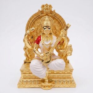 Pure gold plated Saraswati Idol | Saraswati on Throne | Great Diwali Gift and Decor
