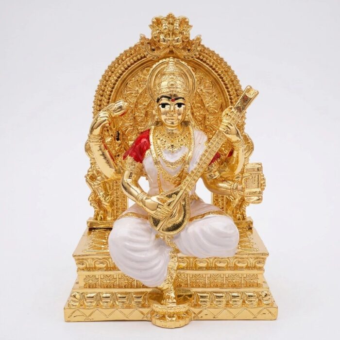 Pure gold plated Saraswati Idol | Saraswati on Throne | Great Diwali Gift and Decor